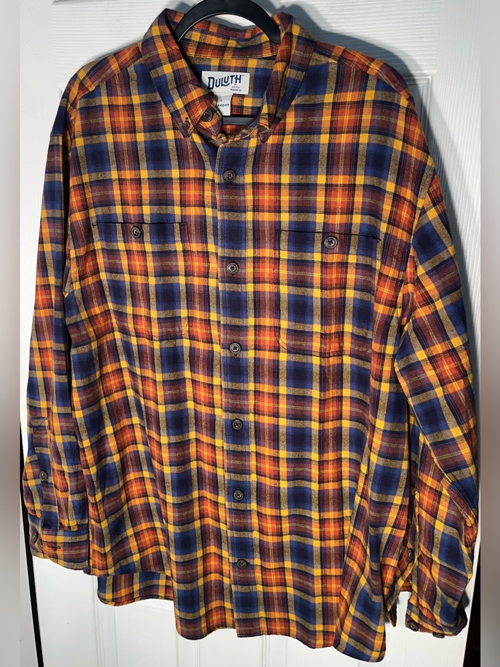 Men’s Duluth Flannel Shirt Orange Blue Plaid Relaxed Fit Cotton Button Large